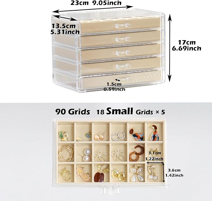 YUFONG Jewelry Organizer with 5 Drawers Clear Acrylic Earring Display Case Velvet Jewelry Storage Box Display Holder for Earr