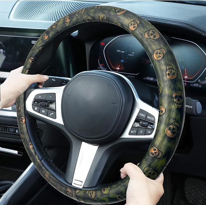 Embossed Skull Steering Wheel Cover, Skull Car Accessory, Microfiber Leather with Anti-Slip Lining, Fits 14.5"-15" Steering Wheels (Black Gold Green)