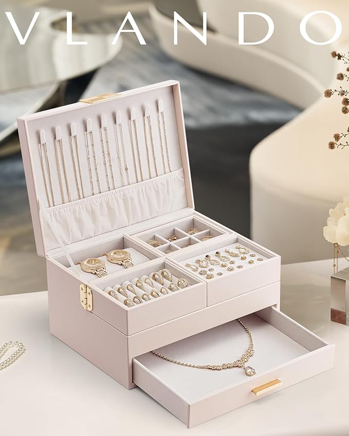 Vlando 3 Layer Jewelry Box - Women Jewelry Box with Retractable Tray - Jewelry Organizers with Drawer for Necklaces, Rings, B