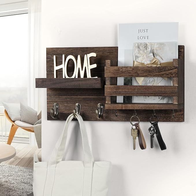 Lwenki Mail Organizer for Wall Mount – Key Holder with Shelf Includes Letter Holder and Hooks for Coats, Dog Leashes – Rustic