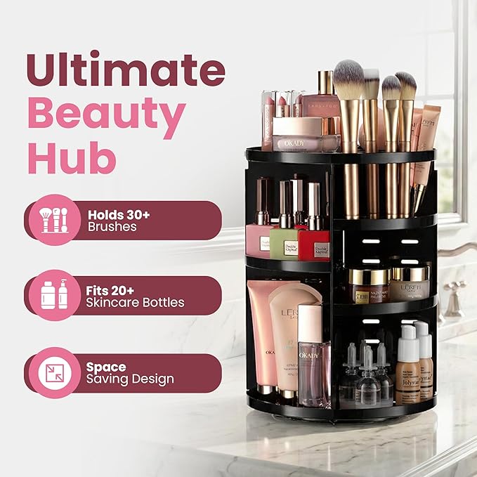 360 Rotating Makeup Organizer - Adjustable Shelf Height and Fully Rotatable. The Perfect Cosmetic Organizer for Bedroom Dress