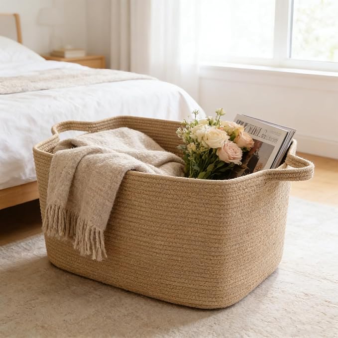 96L Large Blanket Basket,24"x16"x15"Rectangle Storage Bin with Handles,Woven Rope Laundry Basket for Toys, Clothes,Magazines,