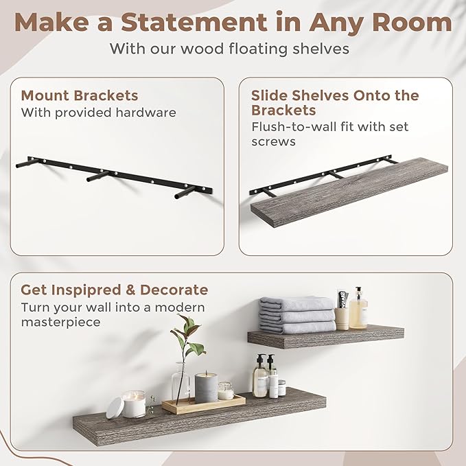 55 Inch Floating Shelves for Wall Set of 2, 8"D Wood Grain Bathroom Shelves with Invisible Brackets, Easy Install Engineered 
