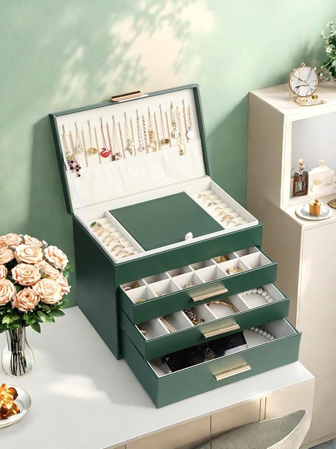 BOOVO Jewelry Boxes for Women, 5 Layer Jewelry Organizer with Necklace Hanger and Drawers, Large Jewelry Box for Earrings, Ne