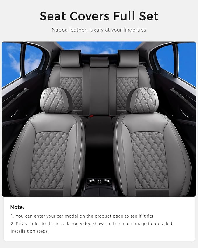 Huidasource Gray Seat Covers Full Set, Gray Seat Covers 5 Seats Waterproof Nappa Leather, Universal Fit for Most Cars,Van,Tru