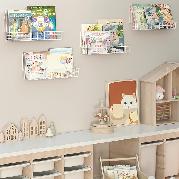 X-cosrack 4-Pack Wall Mounted Metal Kids Bookshelf, Floating Book Shelves for Kids Nursery Toddler Bedroom Classroom, Hanging