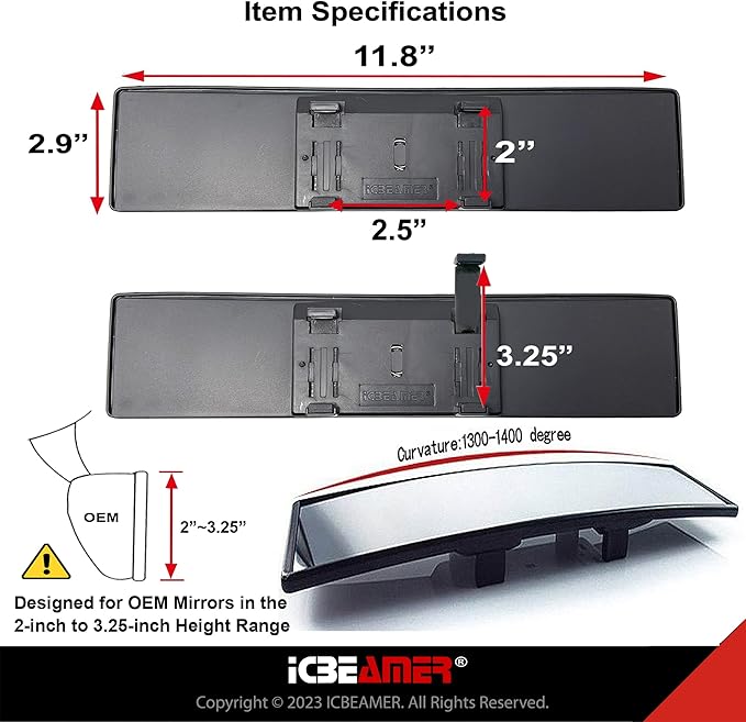 11.8" ICBEAMER Clip On Rear View Mirror | Convex Clear Tint Glass, Panoramic Wide Angle HD Glass, Anti Glare, Universal Fit for Car, SUV, Truck | Eliminates Blind Spots (1 Pack)