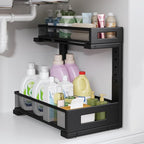 1 Pack-11.4"-16.14"H Under Sink Storage Organizer, Large 2-Tier Elegant Mesh Pull Out Shelf for Kitchen and Bathroom Cabinet 