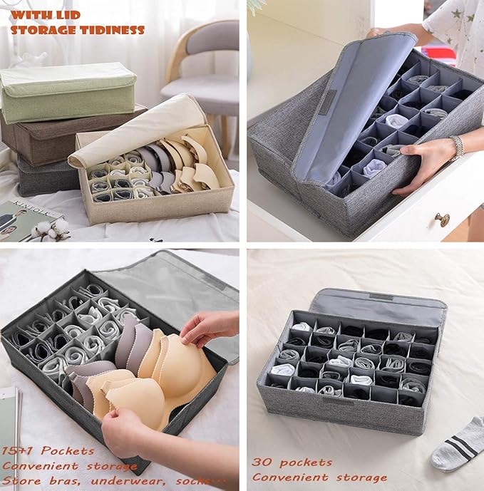 AARAINBOW 2 Packs Underwear Socks Storage Organizer with Lids Foldable Closet Drawer Organizer 46 Cells, Drawer Organizer Bin