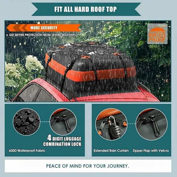 15cu ft Waterproof Car Roof Bag - Universal Fit, Anti-Slip Mat, 8 Straps & Lock Included