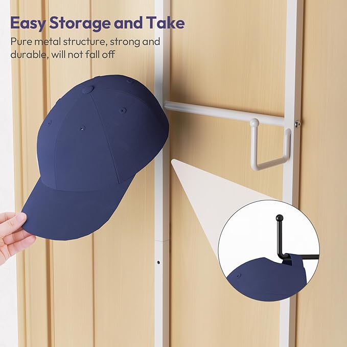 SWTYMIKI Over Door Hat Organizer - Wall Mounted Hat Rack with 6 Hooks and Metal Basket Design, Hanging Baseball Cap Organizer