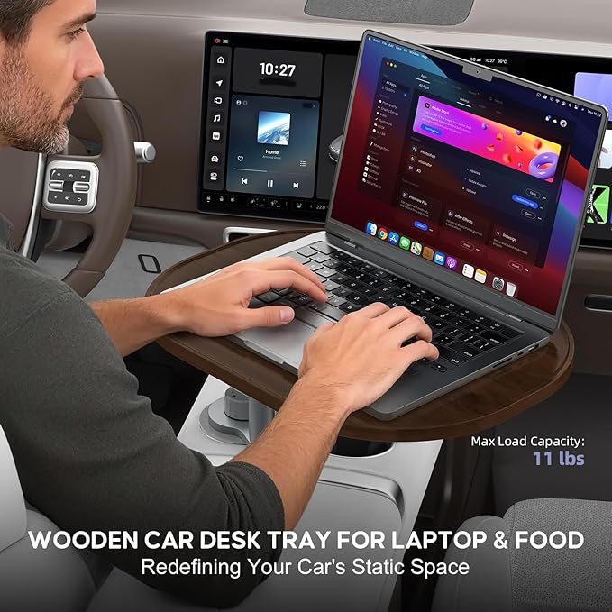 Car Desk Car Tray for Laptop & Food, Wood Cup Holder Table with Adjustable Height, Car Accessories for Women & Men 360° Rotatable Steering Wheel Tray for Tesla Model Y/3/S, Most Vehicles (Walnut-Oval)