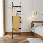 ELYKEN Blanket Ladder for Living Room, Farmhouse 6-Tier Quilt Holder with 4 Removable Hooks for Bathroom, Wood Towel Rack Dis