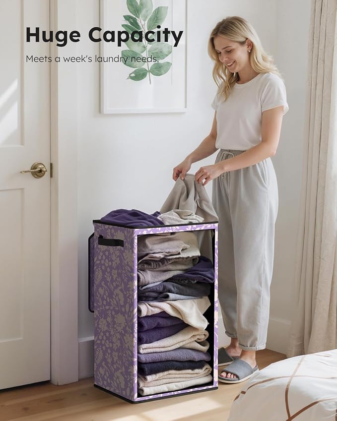 SOLEDI Laundry Hamper with Lid, 90L Tall & Large Floral Laundry Basket, Collapsible Clothes Hamper with Removable Bag, Dirty 