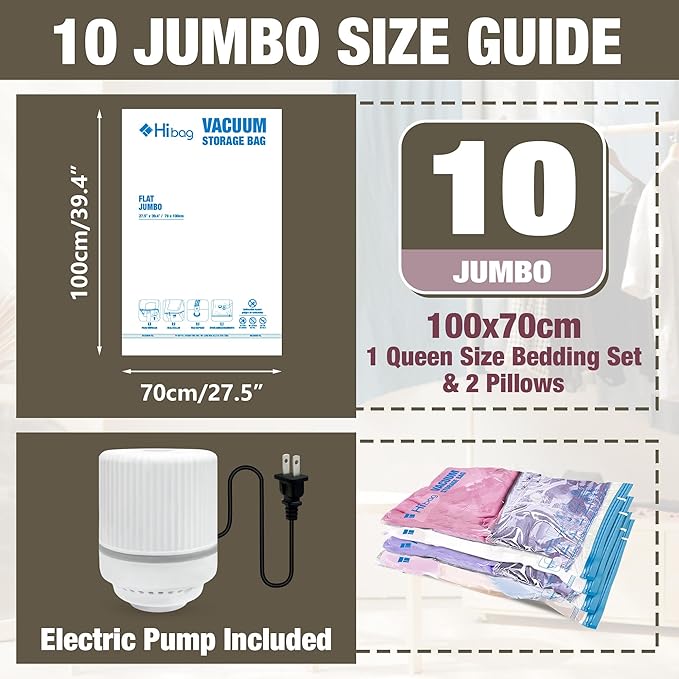 HIBAG Vacuum Storage Bags with Electric Pump, Vacuum Seal Bags for Clothing, Pillows, Blanket Bedding Comforters, 10 pack Jum
