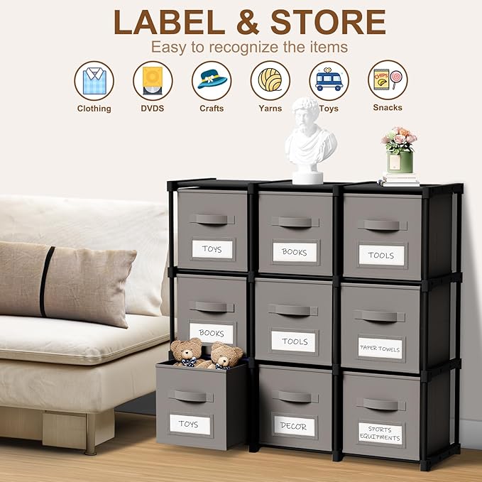 Geelin 9 Cube Storage Organizer with Fabric Bins and Labels 11 Inch, Fabric Collapsible Cubby Clothes Storage Drawer Dresser 