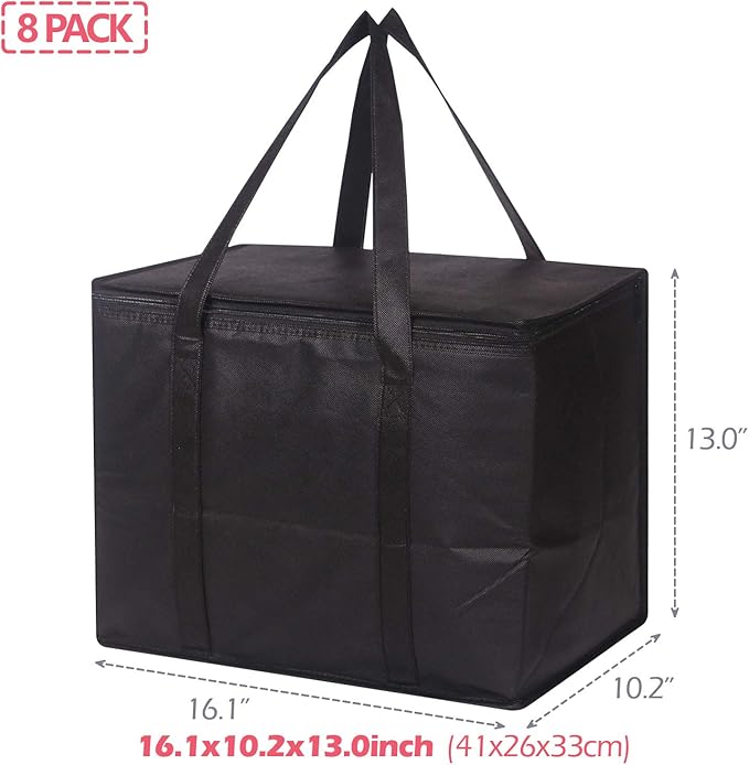 Set of 8 Large Insulated Reusable Grocery Bags with Sturdy Zipper and Handles, Foldable Washable Heavy Duty Cooler Totes for Hot or Cold Food Delivery, Groceries, Travel, Shopping