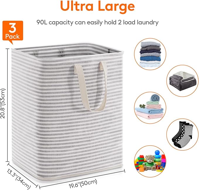 Lifewit 3 Pack Laundry Basket 90L Each, Collapsible Clothes Hamper with Reinforced Handles, Freestanding Waterproof Design fo