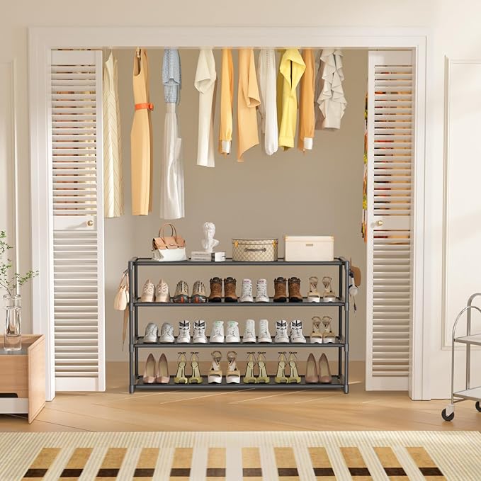 LUKYTOWER Extra Long Shoe Rack 4 Tier Shoe Storage Organizer with 2 Hooks, Wide Stackable Shoe Organizer Racks for Closet Ent