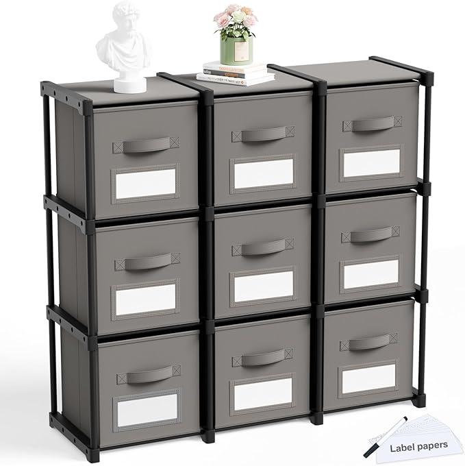 Geelin 9 Cube Storage Organizer with Fabric Bins and Labels 11 Inch, Fabric Collapsible Cubby Clothes Storage Drawer Dresser 