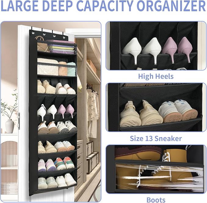 FENTEC 1 Pack 8 Shelves Over The Door Shoe Organizer, 68" Exlarge Deep Pockets Hanging Shoe Organizer, Shoe Rack for Closet, 