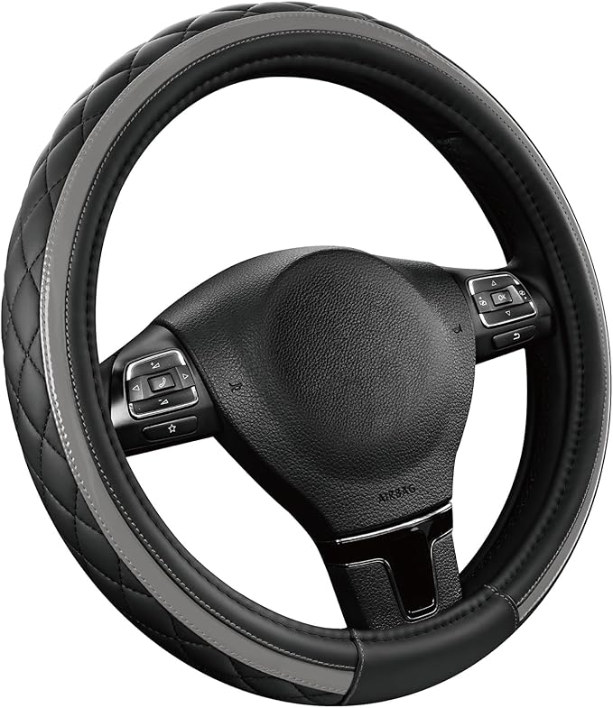 Road Comforts Leather Steering Wheel Cover – Black & Gray, Universal Fit 14.5-15 Inch, Microfiber Leather, Anti-Slip & Breath