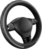 Road Comforts Leather Steering Wheel Cover – Black & Gray, Universal Fit 14.5-15 Inch, Microfiber Leather, Anti-Slip & Breath