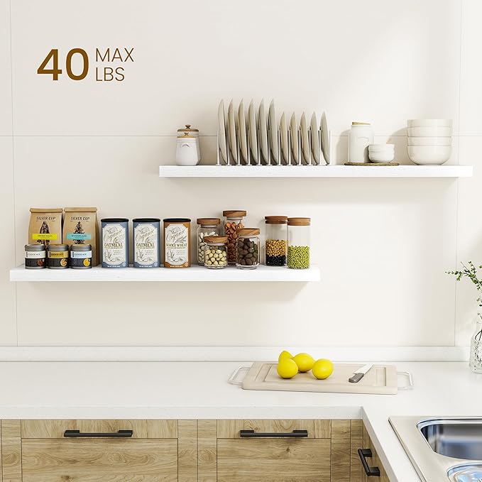 Dreamland 40Inch Floating Shelves for Wall, Rustic Wooden White Floating Shelves for Living Room, Kitchen, Farmhouse, Deep Wa
