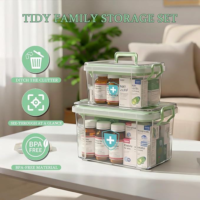 ANYPROLUS 2 Pack Clear Medicine Organizer Box with Handle, Plastic Medicine Container with Tray First Aid Box Empty, Thickene