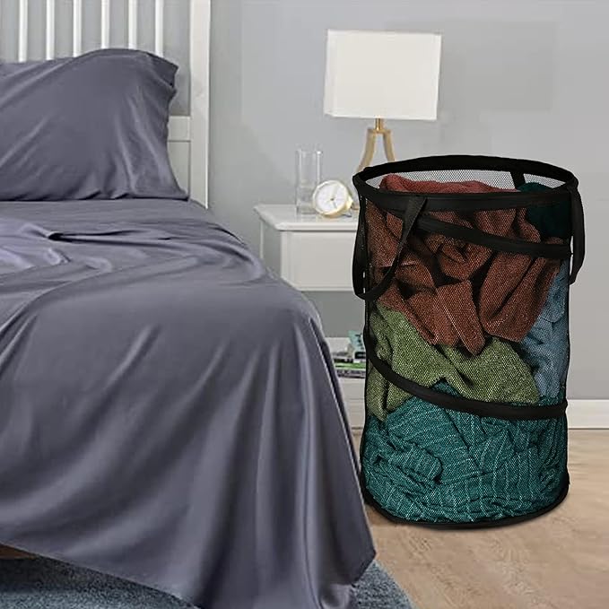 BATTOO 2 Pack Black Large Collapsible Laundry Basket Foldable Mesh Pop Up Hamper with Handles for Laundry Room, Bathroom, Kid