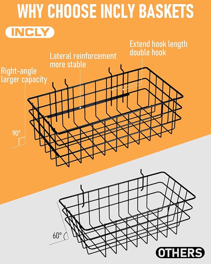 INCLY 4 Pack Pegboard Baskets Bins Set, 4 Size Square Style Black Metal Wire Basket for Any Peg Board Organizing Tools, Pegbo