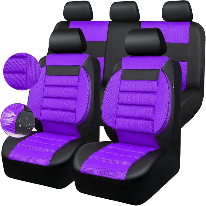 CAR PASS Leather 3D Foam Back Support Car Seat Covers Full Set Air Mesh Automotive Seat Covers, All Season Car Seat Cover Fit