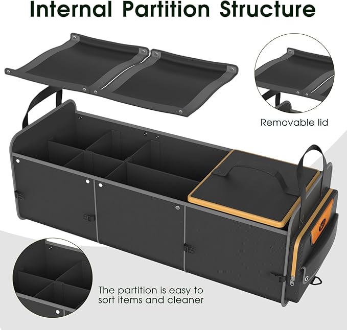 Car Trunk Organizer for SUV, Heavy Duty Waterproof Trunk Organizer, Foldable Collapsible Car Organizer with Cooler, Multi-Comp