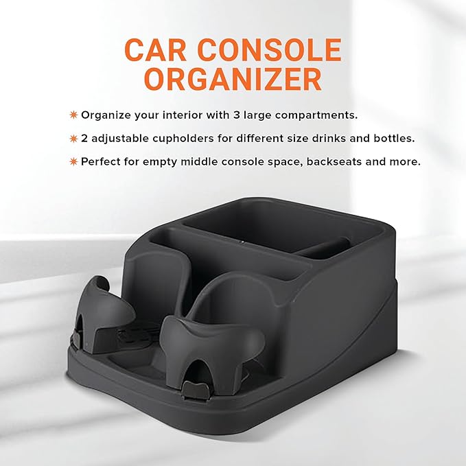Armor All Car Console Organizer, Car Seat Organizer with 2 Adjustable Cup Holders, 3 Large Storage Compartments, Seatbelt for Secure Hold, Vehicle Middle Seat Organizer for Cars, Trucks, Minivans