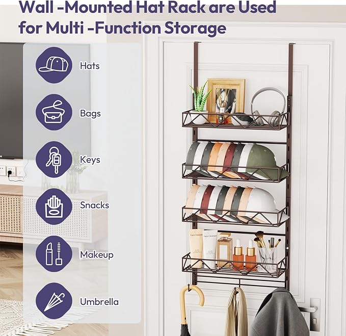 SWTYMIKI Over Door Hat Organizer - 5 Tier Wall Mounted Hat Rack with 4 Adjustable Metal Basket and 3 Hooks, Hanging Baseball 