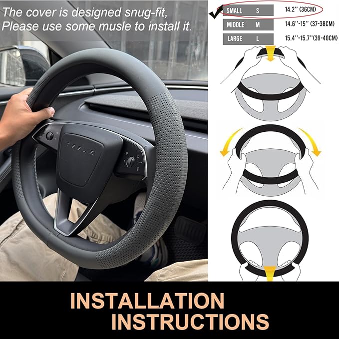 PINCTROT Nappa Leather Steering Wheel Cover for Tesla Model Y/3 Highland/Juniper, D Shaped 14 Inch Small Sized with Breathabl
