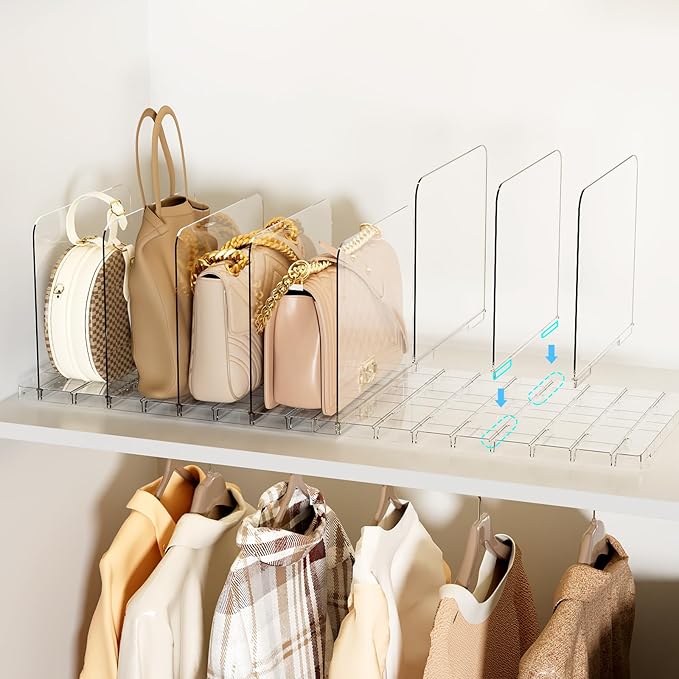Bag & Purse Organizer for Closet Stackable Acrylic Shelf Dividers for Closet Organization, Clear Handbag Purse Storage Organi