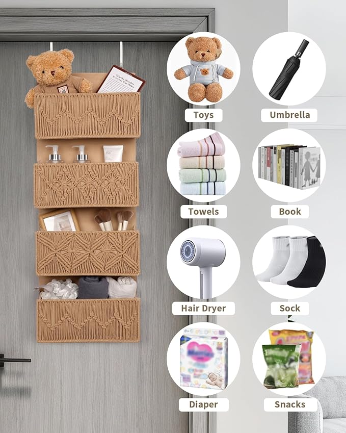 ANTIS'S HOME Nursery Over The Door Organizer Boho Decor Nursery Storage with 4 Large Woven Pockets, Macrame Nursery Organizer