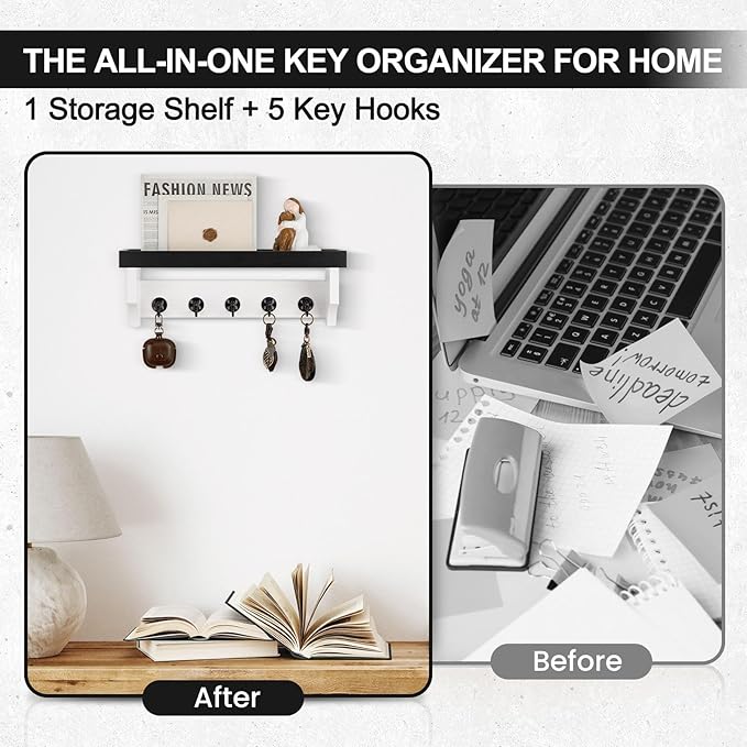 Key and Mail Holder Wall Mount, Key Holder with Shelf and Mail Organizer Wall Mount. Mail Holder with 5 Hooks for Coat, Dog L
