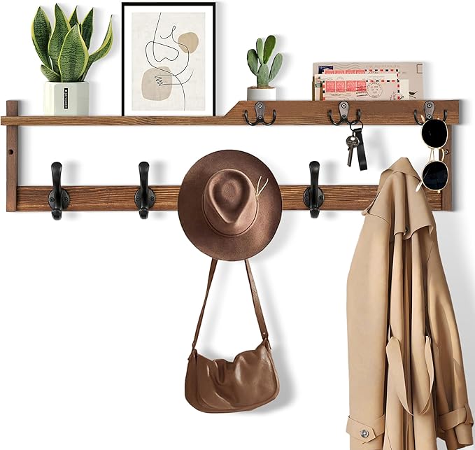 29'' Coat Rack Wall Mount with Shelf, Coat Hanger Wall Mount with Key Hooks and Mail Holder, Wood Entryway Floating Shelf wit