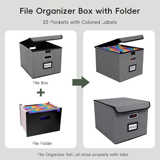 File Organizer Box with 25-Pocket Accordion Folder, File Folder & Protective Lid - Document Storage for Home, Office, School,