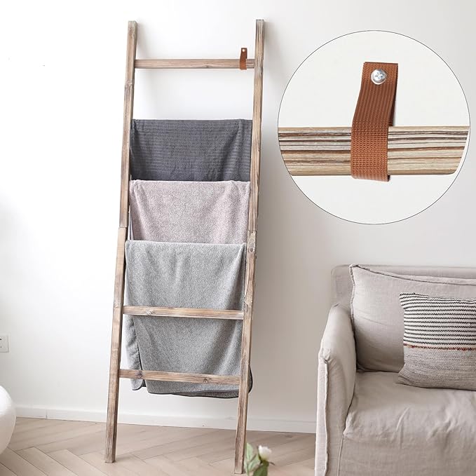 FUIN 6.4ft Extra Wide Wooden Blanket Ladder Living Room Decorative Wal Leaning Farmhouse Quilt Display Holder Rustic Wood Tow
