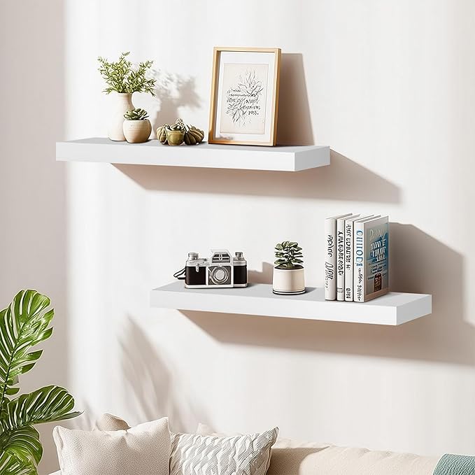 Floating Wall Shelves 30x6.8x1.7 Inch – Solid Wood Rustic Shelves in White Finish – Wall Mounted Heavy Duty Display Shelf for