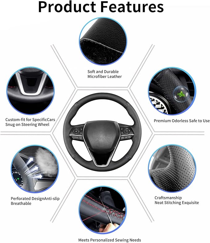 Hand Sewn Steering Wheel Cover for Toyota RAV4 SUV 2019-2024 / Avalon 2019-2022 / Camry 2018-2024 / Corolla 2020-2025 Genuine Leather Sew On Steering Wheel Cover Full-Wrap Accessories(Black)