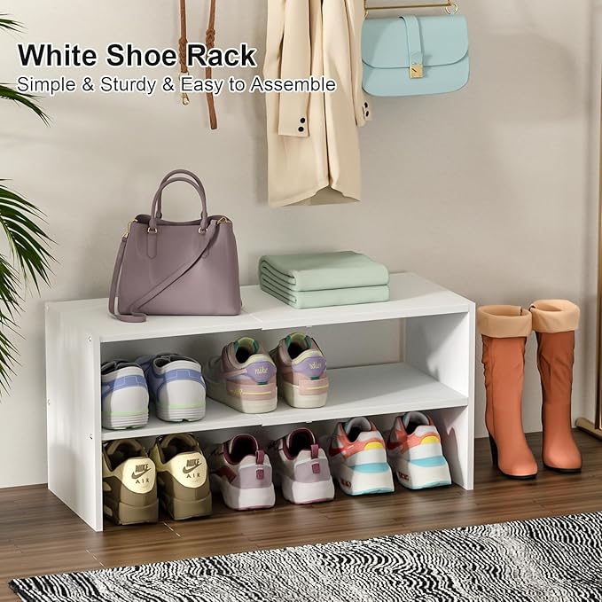 2 Pack White Shoe Rack for Closet, 2-Tier Expandable Small Shoe Shelf, Stackable Iron Wood Combination Shoe Organizer Racks S