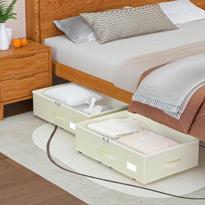 Under Bed Storage with Wheels, No Assemble Required 7.5 inches height Under Bed Storage bins,Large capacity Rolling Underbed 