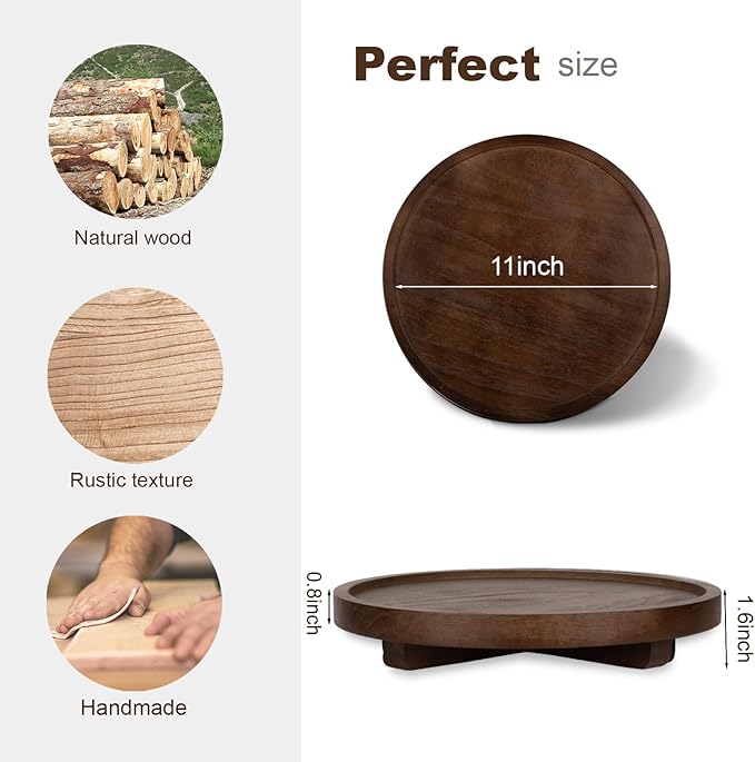 Round Decorative Tray Wood Bathroom Counter Organizer Farmhouse Kitchen Decor Wooden Riser for Soap Dish, Perfume, Candle, Sp