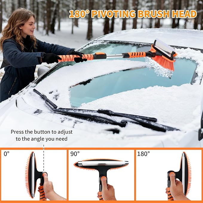 43.3'' Snow Shovel & Snow Brush with Ice Scrapers for Car Windshield,5-in-1 Extendable Thicken Aluminum Tube,180° Pivoting Brush Head & Foam Grip for Christmas, Cars, Trucks, SUVs, Vehicle(Orange