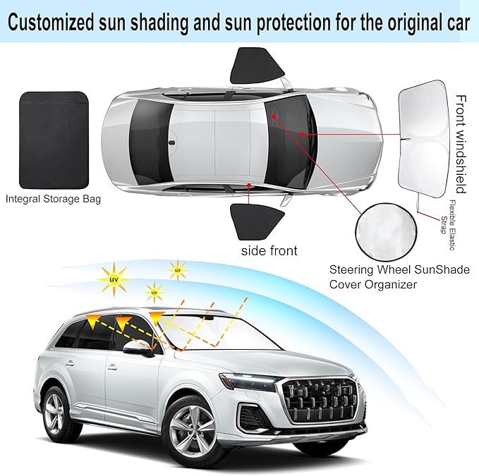 3PCS Car Window Shades Front Windshield Sun Shade Foldable Window Shade Custom Fit for Audi Q7 SUV 2016-2026 Accessories Car Shades for Front Windows Anti-UV Rays Block Heat