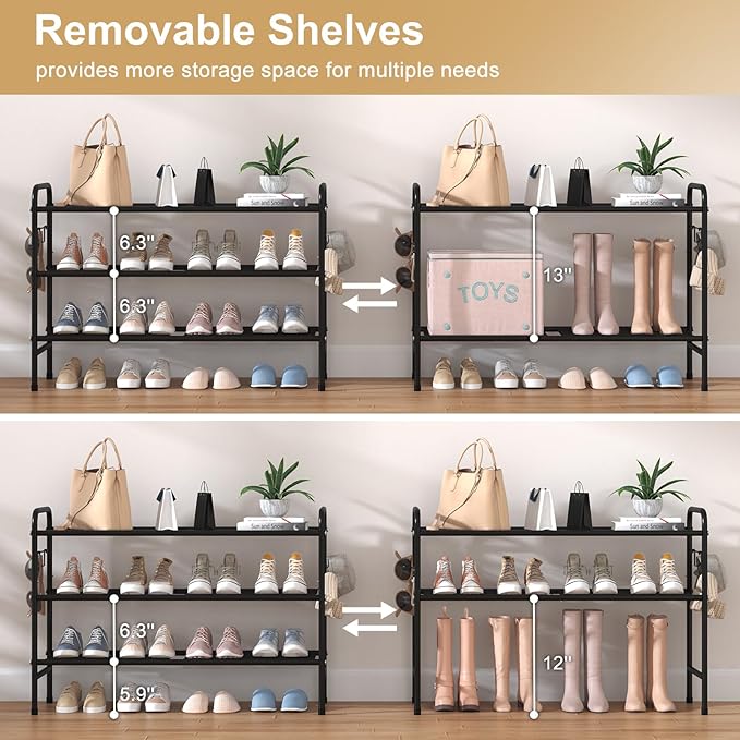 VILICK 3 Tier Shoe Rack 33" Wide Metal Shoe Organizer Long Shoe Storage with 4 Side Hooks Sturdy Shoes Shelf for Front Door E